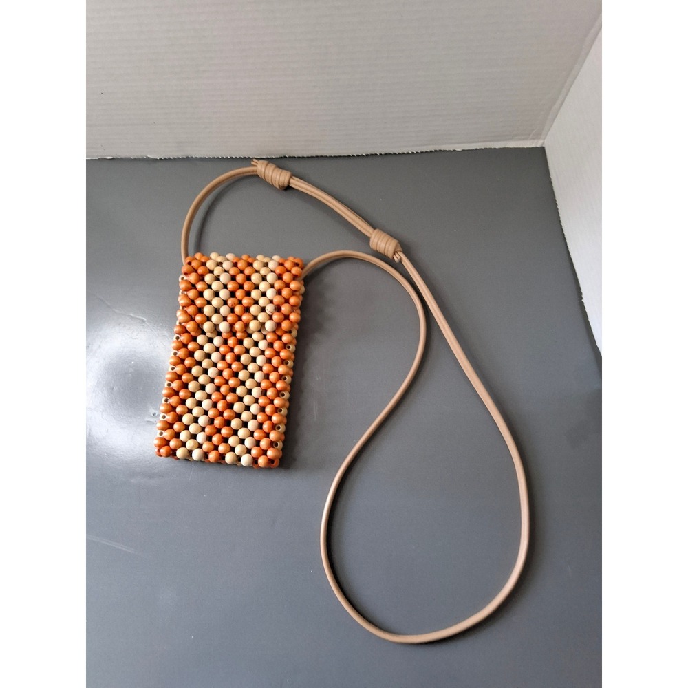 Boho Wood Beaded Crossbody Phone Bag Orange Cream Festival‎ Small Purse